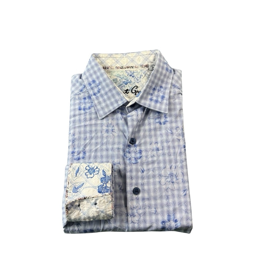 Robert Graham Blue Check Floral AOP Cotton Flip Cuff Button Front Shirt Small